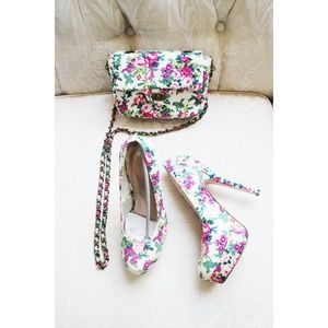 Cottage Core Forever 21 Floral Pumps 8 and Matching Chain Purse